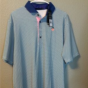 Greyson Men's Short Sleeve Polo - White & Blue with Pink Trim